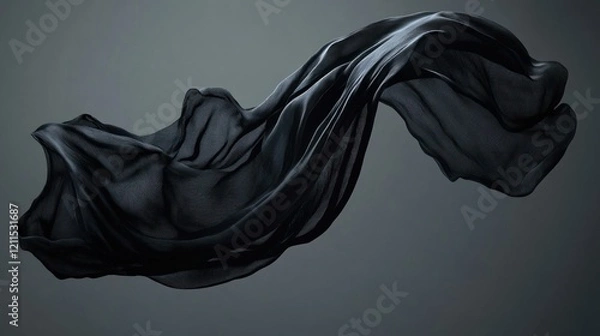 Fototapeta A flowing black silk-like fabric suspended in air, creating dramatic ripples and shadows on a simple dark background, lifelike 4K quality
