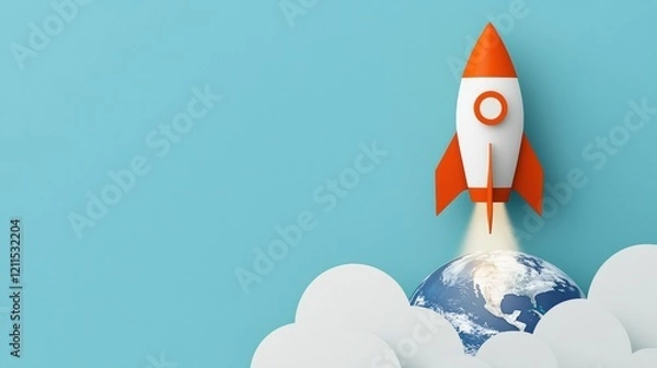 Fototapeta innovation Rocket Rocket soaring through the clouds, with the Earth visible below, representing progress, innovation, and overcoming challenges.