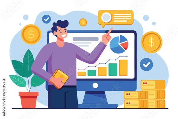 Fototapeta A man points at a computer screen displaying graphs and charts in a bright office Illustration of a man pointing at a computer screen with graphs and coins