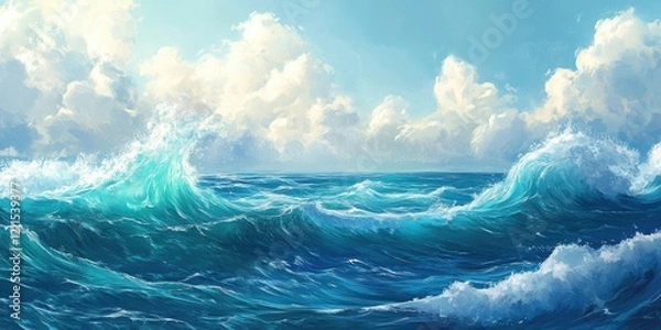 Fototapeta Vibrant ocean waves cascading in shades of teal and blue against a bright sky filled with fluffy white clouds in the background.