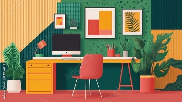 Fototapeta Modern Home Office Workspace with Colorful Decor and Plants