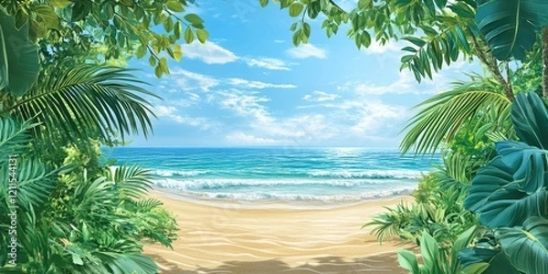 Fototapeta Tropical beach scene with golden sand bordered by lush green foliage under a bright blue sky with fluffy white clouds and calming ocean waves.
