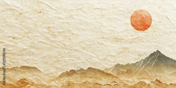 Fototapeta Natural Japanese landscape on textured recycled paper featuring soft browns and a warm orange sun with mountains in the foreground and sky backdrop.