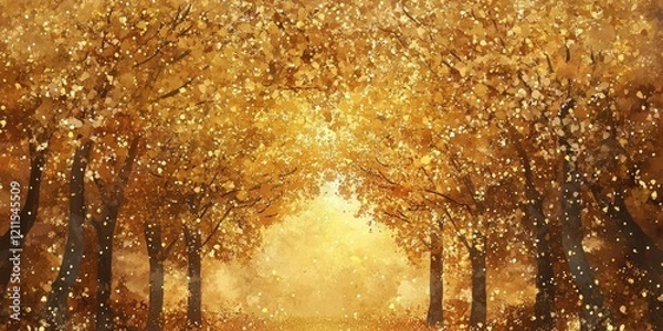 Fototapeta Golden autumn forest pathway with a bright light source, surrounded by vibrant golden leaves and soft glittering particles, creating a magical ambiance.
