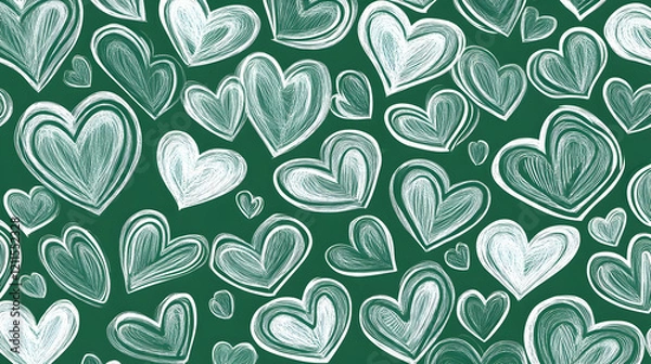 Fototapeta Teal and white hand-drawn hearts pattern; romantic background for Valentine's Day cards or website design