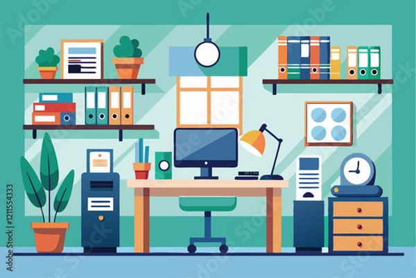Fototapeta A vibrant office workspace featuring a desk, computer, plants, and organized bookshelves In the office Customizable Flat Illustration