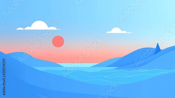 Fototapeta Serene Sunset Landscape with Blue Mountains and Ocean Waves