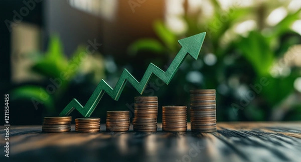 Obraz coins and graph, tacked Gold Coins with Green Upward Arrow and Stock Market Growth Concept