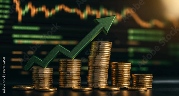 Obraz coins and graph, tacked Gold Coins with Green Upward Arrow and Stock Market Growth Concept