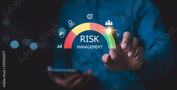 Fototapeta Risk management strategy concept. Businessman Analyzing Risk touchscreen display risk meter, risk management interface with critical strategy. Risky business risk management control and strategy.