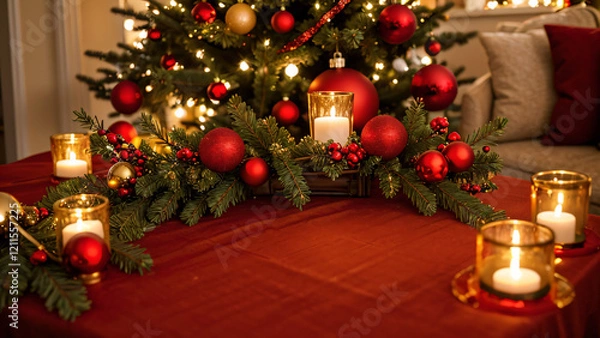Fototapeta "Experience the magic of Christmas with a beautifully arranged festive frame,  
featuring lush green fir branches, golden bokeh, and a warm holiday glow."  
