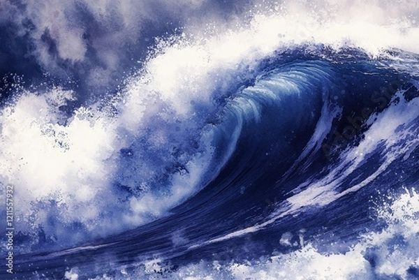 Fototapeta Powerful Ocean Wave Crashing Down with Stormy Clouds Above