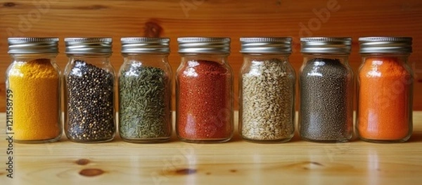 Obraz Selection of colorful spices in glass jars arranged neatly on a wooden surface showcasing vibrant hues of yellow, green, red, and brown in a row.
