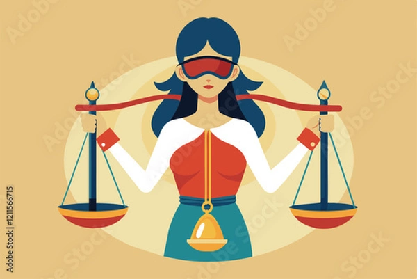 Fototapeta A blindfolded figure holds balanced scales representing justice, emphasizing impartiality and fairness in law, Justice Customizable Disproportionate Illustration