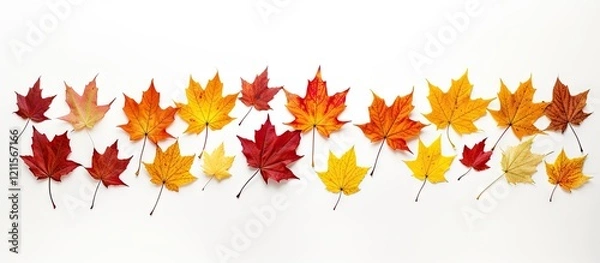Obraz Autumn season concept featuring a gradient of vibrant maple leaves in red, orange, and yellow arranged horizontally on a white background.