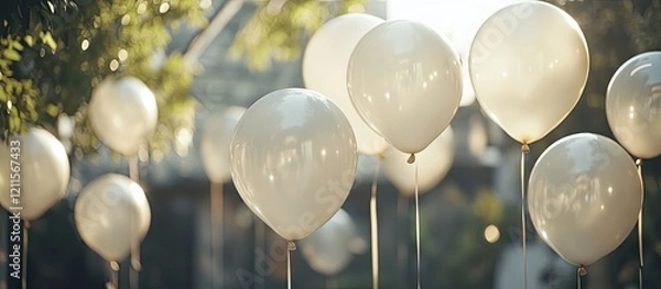Fototapeta White balloons floating gently in a sunny outdoor setting surrounded by greenery ideal for personalized celebratory messages and events.