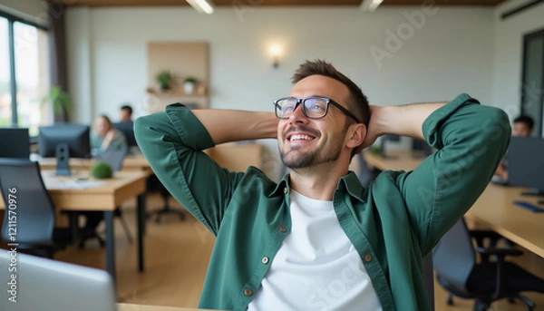 Obraz A relaxed man with glasses sitting at a desk in a modern office, leaning back with his hands behind his head. He has short hair and is wearing a green shirt over a white t-shirt. A laptop is open in f