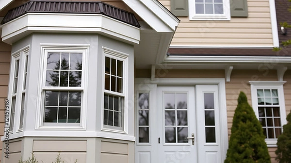 Fototapeta Elegant Home Exterior: Modern Architecture and Classic Design. Discover the beauty of this residential property with its stunning bay window and white facade.