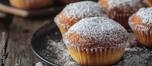 Fototapeta Freshly baked prosciutto muffins dusted with powdered sugar on a rustic wooden table, featuring warm golden-brown hues and a soft, inviting texture.