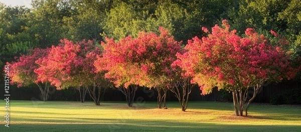 Fototapeta Vibrant pink crape myrtles line a lush green field under a clear blue sky, creating a stunning and captivating floral display in full bloom.