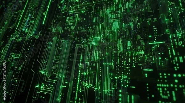 Obraz Intricate Green Circuit Board Design with Glowing Pathways and Data Streams