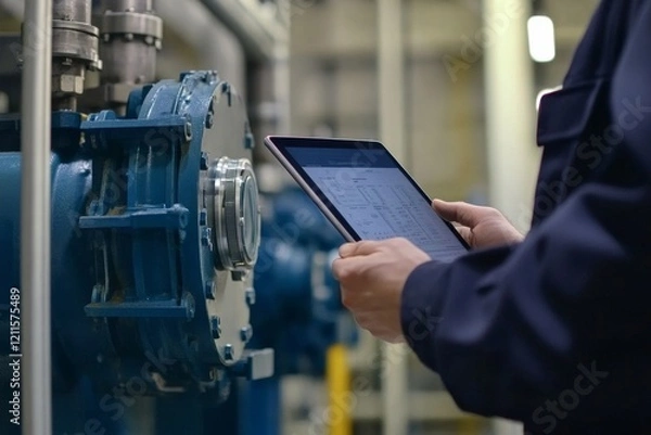 Obraz Close up hand industrial industrial plant with a tablet in hand,  Engineer looking of working at industrial machinery setup in factory., Generative AI
