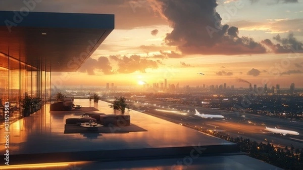 Fototapeta A rooftop observation deck with panoramic views of the runway and city skyline 