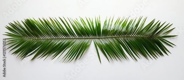Fototapeta Coconut palm leaf in lush green centered on a white background, highlighting its elegant form and natural beauty for versatile design use.