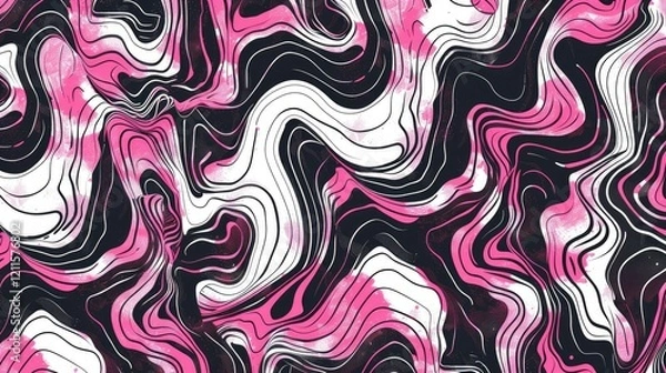 Fototapeta Abstract swirling pattern in pink, black, and white, suitable for backgrounds or designs.