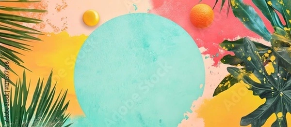 Obraz Vibrant circular summer banner background featuring teal circle surrounded by splashes of pink, yellow, and tropical greens for engaging graphics