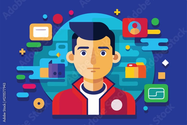 Fototapeta A young man stands amid colorful digital elements, highlighting the concept of customization and creativity in design, Launching Customizable Flat Illustration