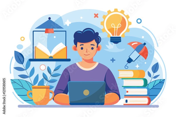 Fototapeta A young person focuses on a laptop surrounded by books, plants, and creative symbols in a bright learning space, Learning Customizable Semi Flat Illustration