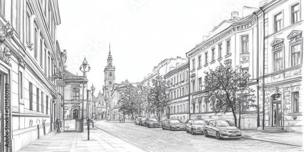 Fototapeta A Sketch of a City Street with Old Buildings and Cars