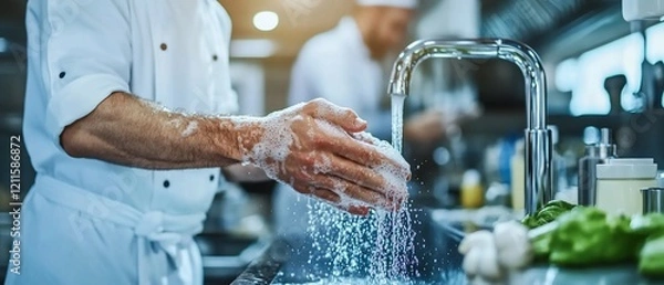 Obraz Chef washing hands, kitchen hygiene, food prep. (1)