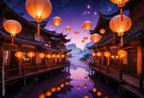 Obraz Enchanted Asian Village at Night with Glowing Lanterns and Misty Mountains