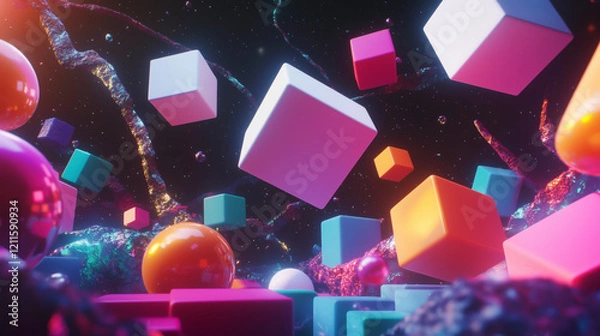 Obraz Colorful Digital Space with Floating Cubes and Creative Lighting Effects.