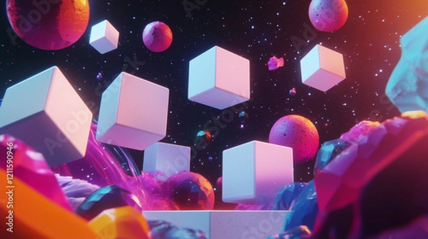 Obraz Colorful Digital Space with Floating Cubes and Creative Lighting Effects.