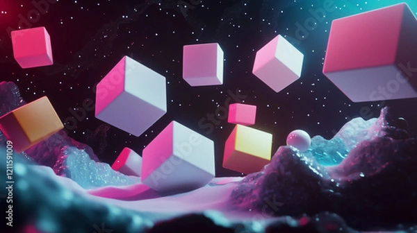 Obraz Colorful Digital Space with Floating Cubes and Creative Lighting Effects.