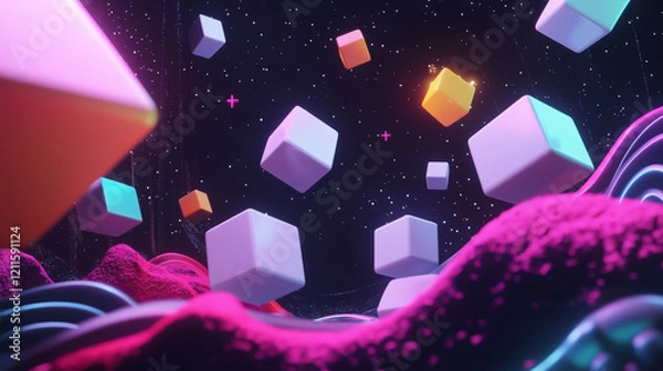 Obraz Colorful Digital Space with Floating Cubes and Creative Lighting Effects.