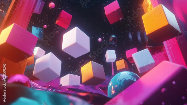 Obraz Colorful Digital Space with Floating Cubes and Creative Lighting Effects.