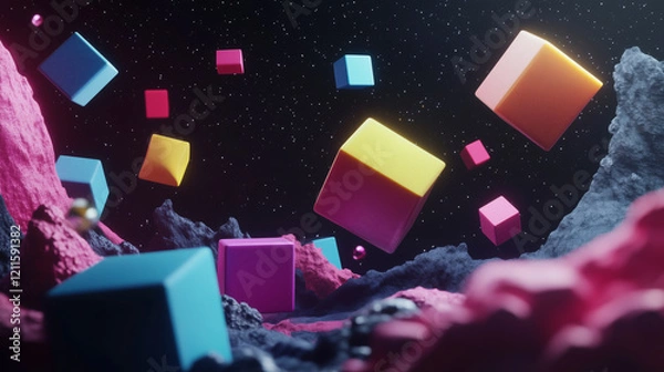 Obraz Colorful Digital Space with Floating Cubes and Creative Lighting Effects.