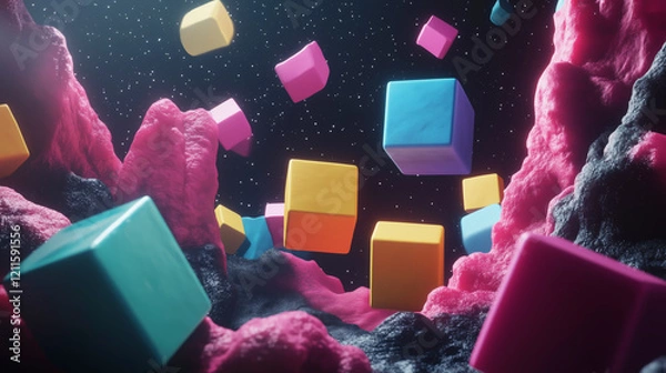 Obraz Colorful Digital Space with Floating Cubes and Creative Lighting Effects.