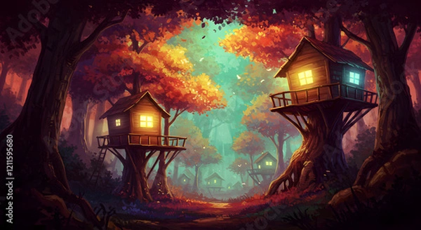 Fototapeta A digital artwork depicting a whimsical village of treehouses in a magical forest.