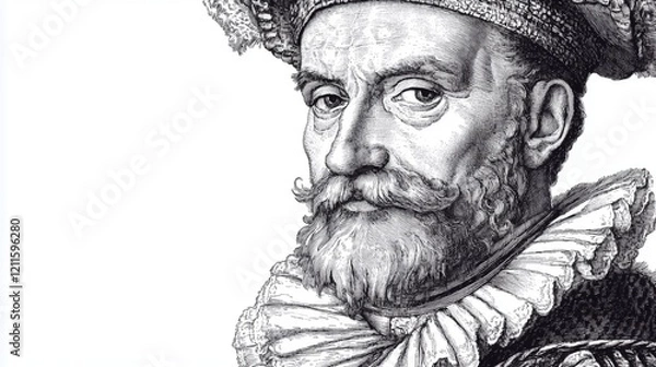 Fototapeta Detailed black and white engraving of a bearded man with ornate hat