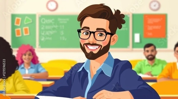 Fototapeta Cartoon classroom scene, smiling male teacher with beard and glasses, blue shirt, colorful background