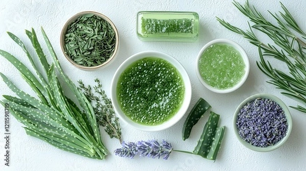 Fototapeta Herbal ingredients spread on a table showcasing natural skincare components and their vibrant colors and textures