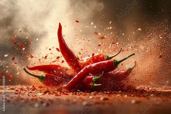 Fototapeta Red chili exploding, hot and spicy