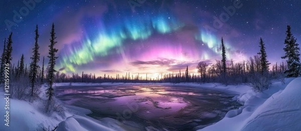Fototapeta Vibrant aurora borealis illuminating a tranquil frozen lake surrounded by dark silhouettes of trees under a starry night sky in vivid colors