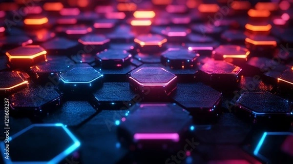 Fototapeta A dark background with colorful hexagons and light