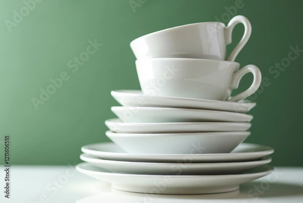 Fototapeta A stack of white porcelain plates and cups on a table.